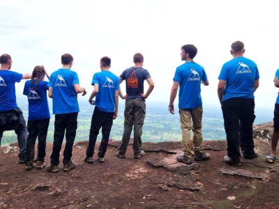 A group of travellers looking at the vista in Cambodia