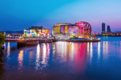 View of Han river lit up at night.