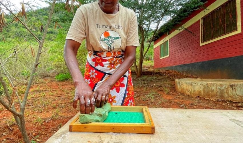 Making elephant dung paper on Teacher Taster Trip Kenya