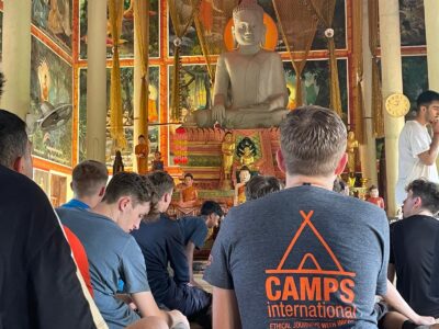 travellers in a temple in cambodia