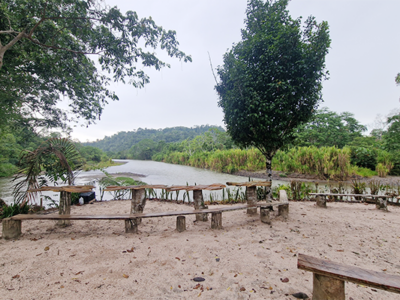 Camp Donbiki in Ecuador showing social area overlooking the river